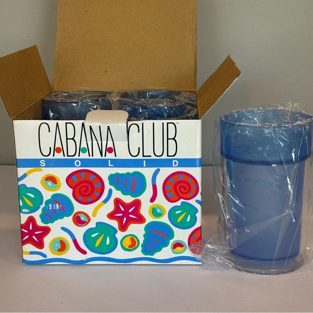 VINTAGE 90s CABANA CLUB Set of 4 Insulated Blue Plastic‎ Tumblers NIB